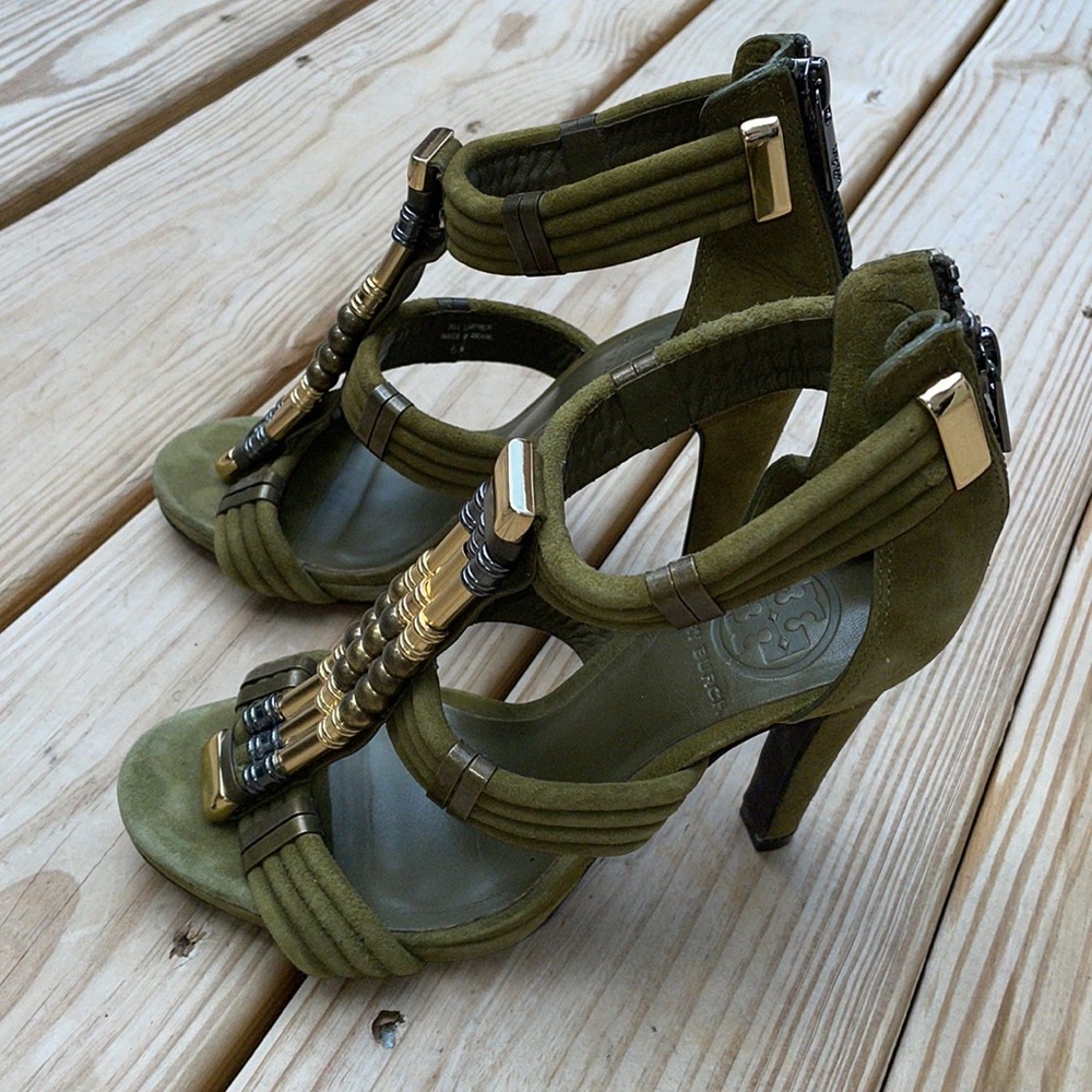 Tory Burch Carla Green Suede Beaded Heels Size6M